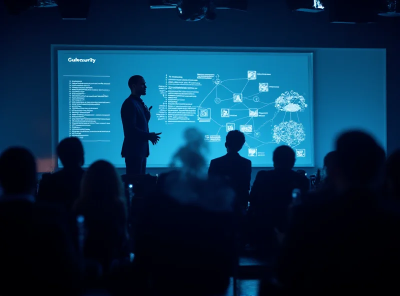 Cybersecurity expert presenting at a conference, with attendees listening attentively