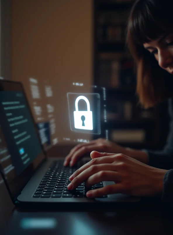 A person using a laptop with a lock icon superimposed on the screen, symbolizing digital privacy and security.