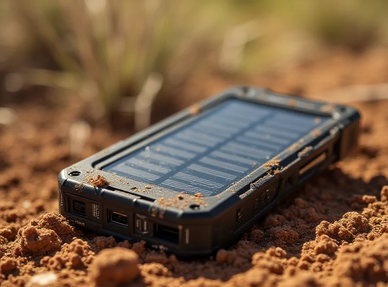 A close-up of the Laser NRGVault solar powerbank, showcasing its rugged design and solar panel. The background is a sunny outdoor setting.