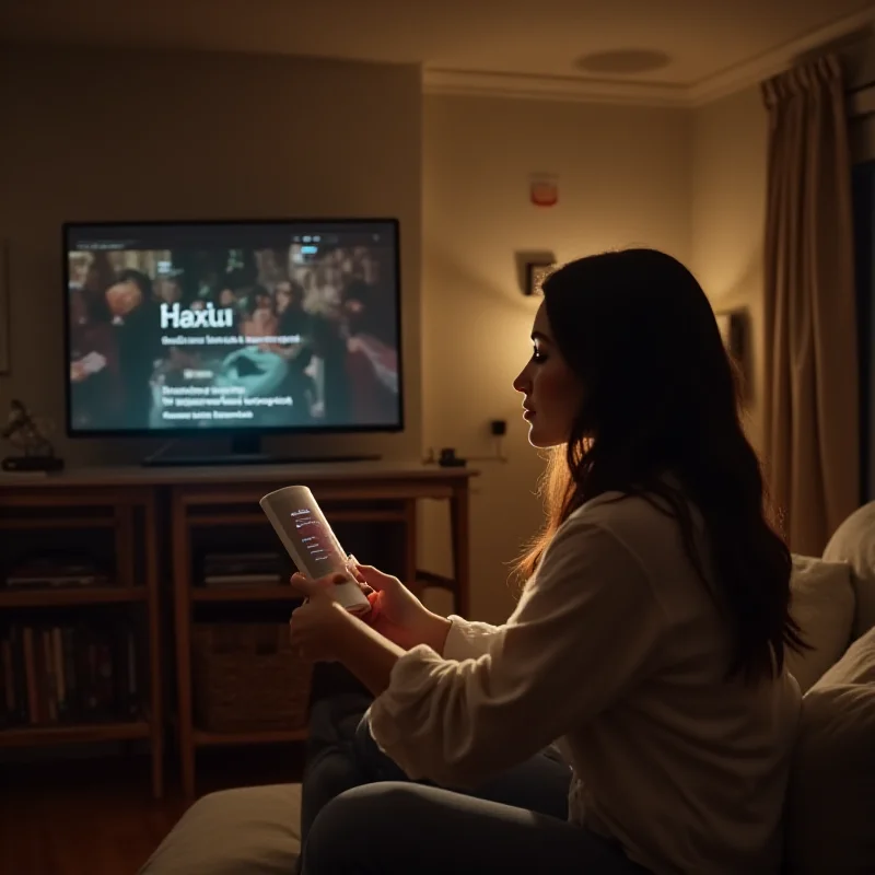 A person interacting with an Amazon Echo device, with a visual representation of Alexa+ on the screen. The setting is a cozy living room.