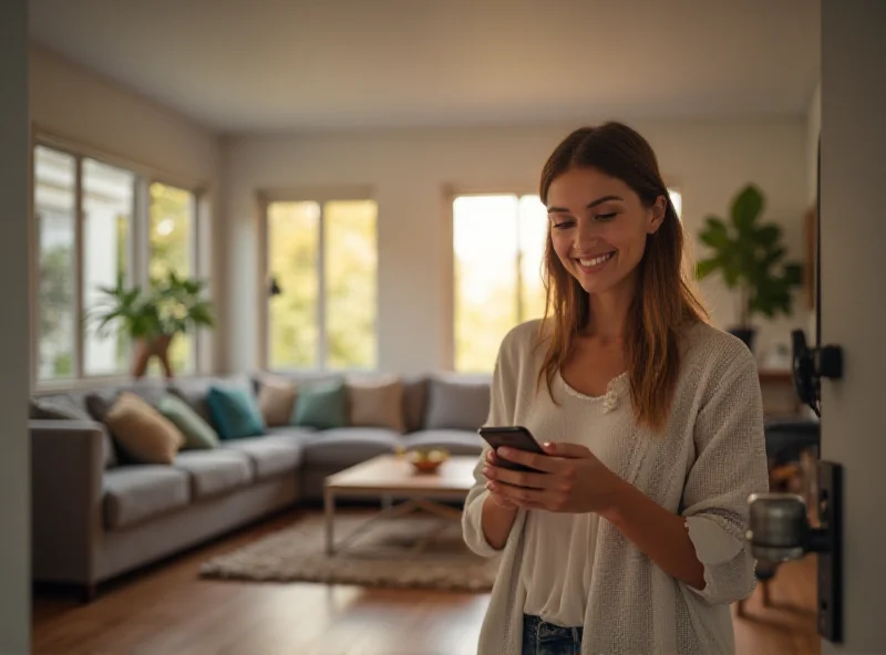 A modern smart home with a person using a smartphone to control a smart lock.