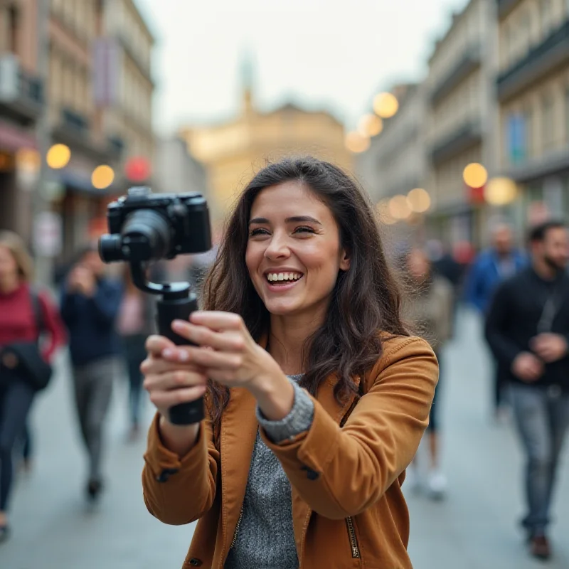 A content creator using a Hohem gimbal to film a video in a dynamic outdoor setting.