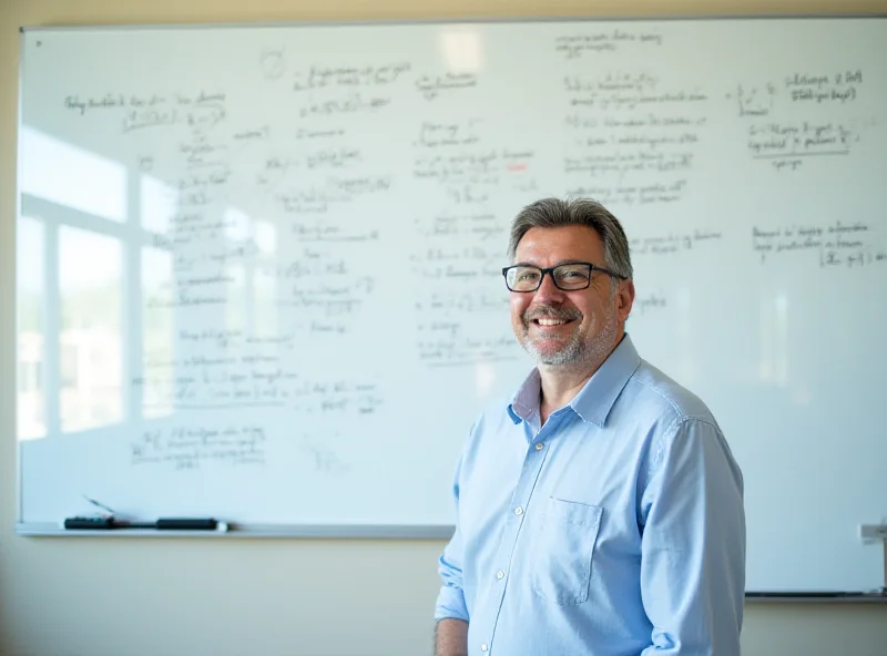 A mathematician standing in front of a whiteboard covered in complex equations.