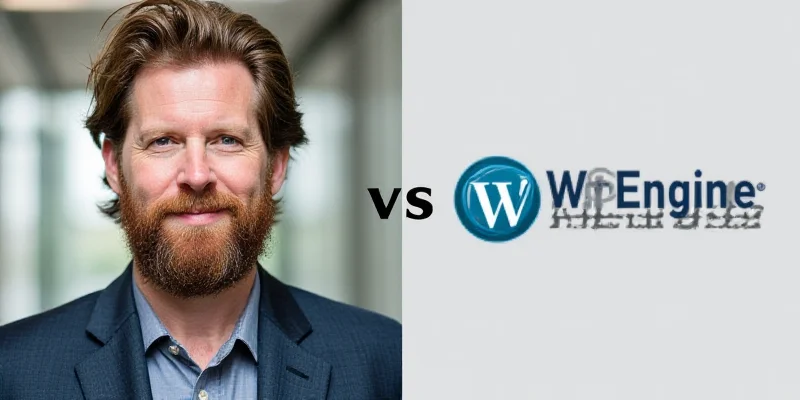 A split image showing Matt Mullenweg on one side and the WP Engine logo on the other.