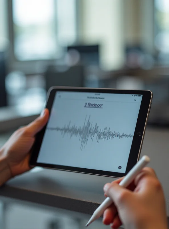 A hand holding an Apple Pencil near an iPad showing the Siri interface.