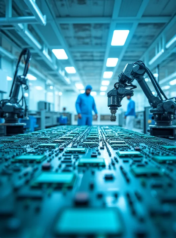 A modern semiconductor factory with robotic arms