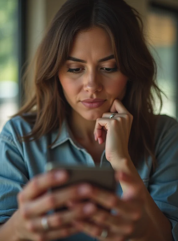 A person holding a smartphone, looking at the screen with a thoughtful expression. The background is blurred to focus on the phone and the person's face.