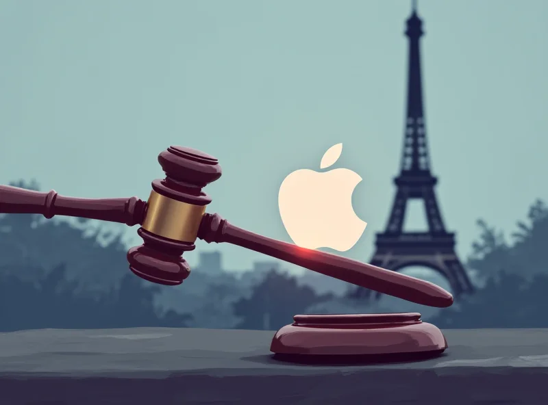 Illustration of a gavel striking an Apple logo, symbolizing an antitrust fine against Apple in France.