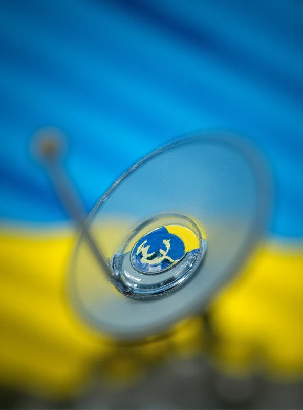 A satellite dish with the Starlink logo against a backdrop of the Ukrainian flag.