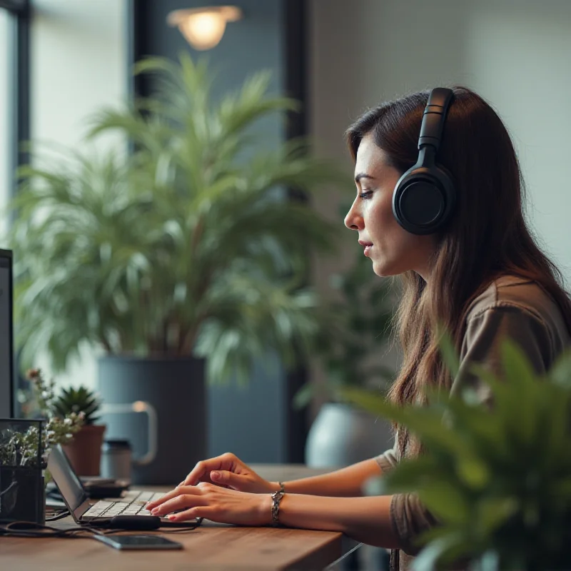 A person wearing Soundcore Q20i headphones while working at a desk, showcasing the active noise cancellation feature.