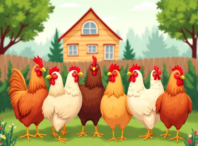 Illustration of happy chickens in a suburban backyard.