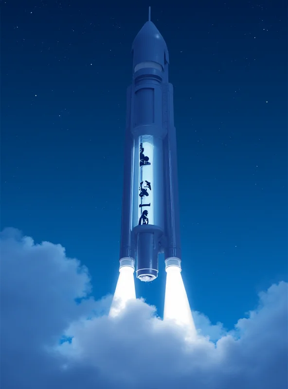 Digital illustration of a Blue Origin rocket launching with three silhouetted female figures visible in the window.