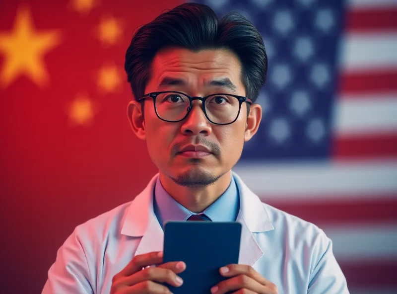 Stylized image of a Chinese scientist looking concerned while holding a passport and standing in front of a blurred image of the US flag.