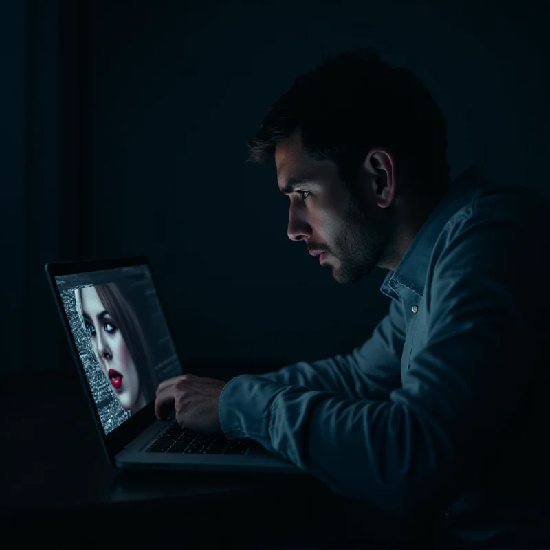 A worried man staring at a laptop screen with a distorted, glitching image of a woman's face on it, representing the AI girlfriend scam.