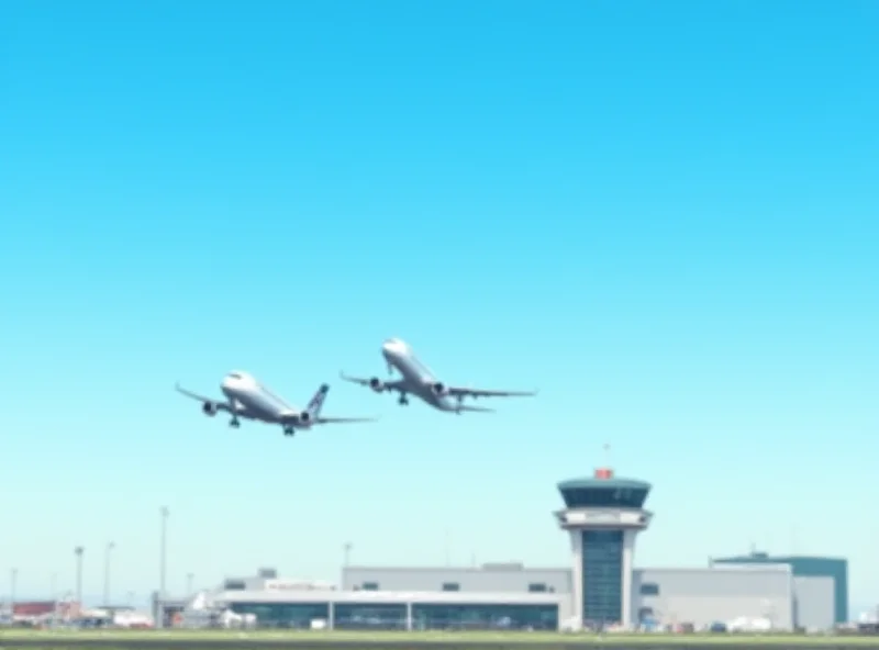 An air traffic control tower at an airport, with planes taking off and landing in the background. The sky is clear and blue. The image emphasizes safety and precision.