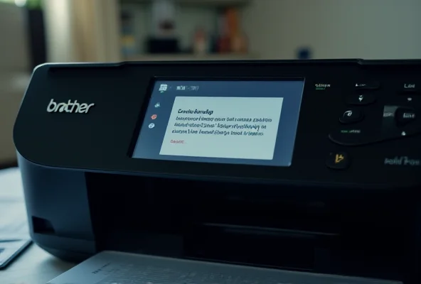 A close-up of a Brother printer showing a warning message on the screen related to a non-genuine ink cartridge. The printer is in a home office environment, with papers and other office supplies visible in the background.