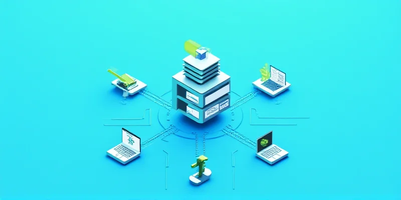 A stylized graphic representing an email server. It features a central server icon surrounded by smaller icons representing different devices (laptops, phones, tablets) all connected by secure lines of communication. The color scheme is modern and professional, using blues and greens.