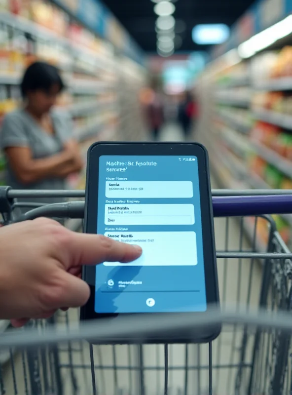 Close up of a touchscreen on a shopping cart displaying grocery items and prices