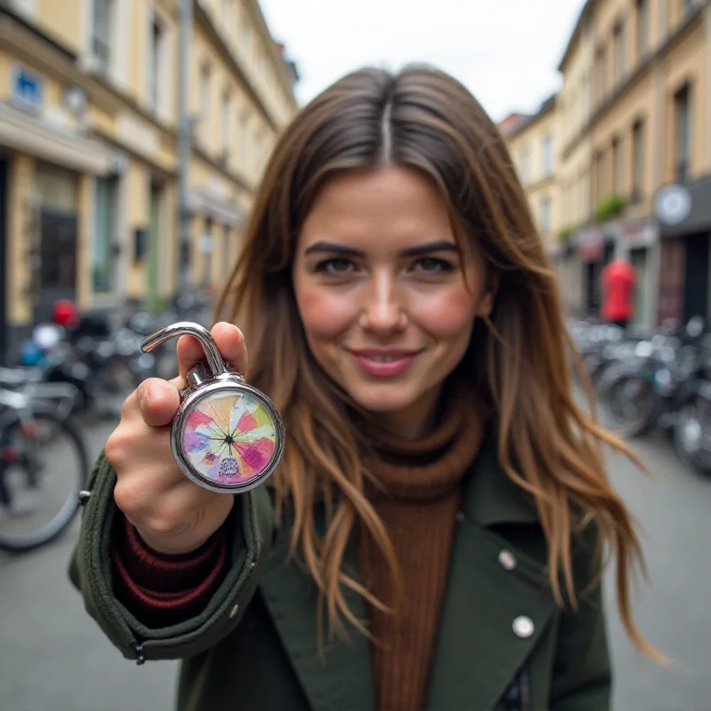 A young woman holding a bicycle lock with a surprised and slightly disgusted expression