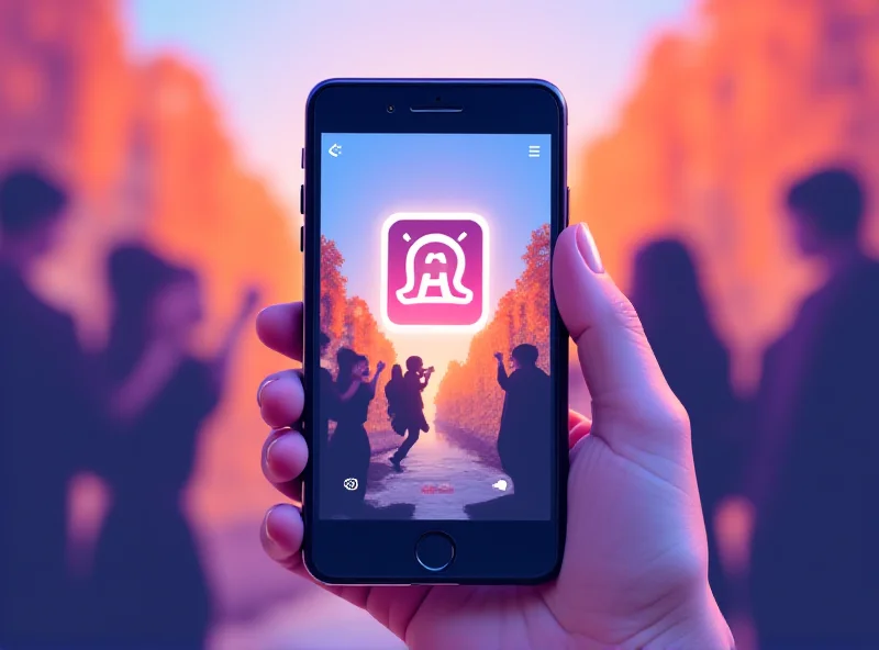 Illustration of the Instagram Reels logo on a phone screen with a blurred background of people using smartphones.
