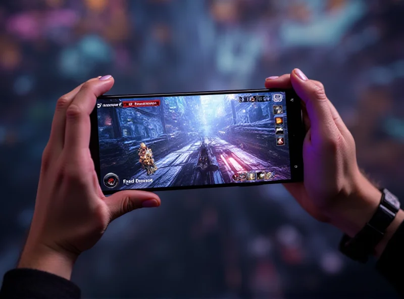 A person holding the iQOO Neo 10R smartphone, showcasing its vibrant display and sleek design. The background is blurred, suggesting a gaming environment.