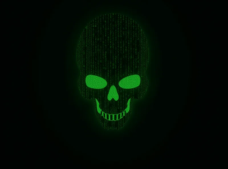 A dramatic image depicting lines of code with a skull overlay, representing the malware threat.