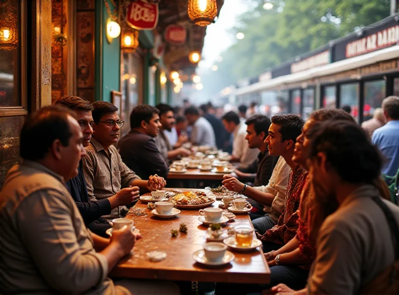 A bustling tea stall in Mumbai, with people drinking tea and discussing cryptocurrencies.