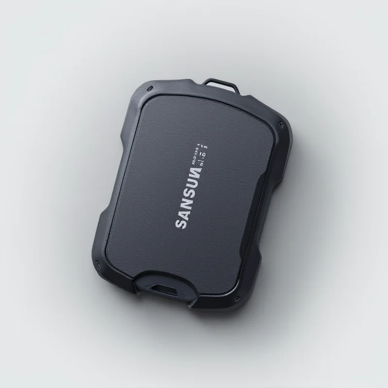 Product shot of the Samsung T7 Shield portable SSD, showcasing its rugged design.