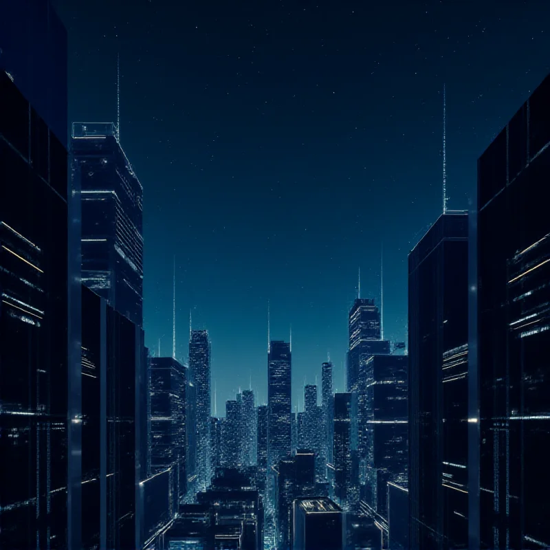 A futuristic cityscape with glowing AI nodes connecting various buildings, symbolizing the integration of artificial intelligence into urban infrastructure.
