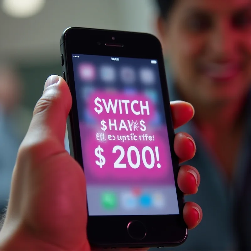 Close-up shot of a smartphone displaying a T-Mobile promotional offer with dollar signs and the text 'Switch and Save up to $3200!'.
