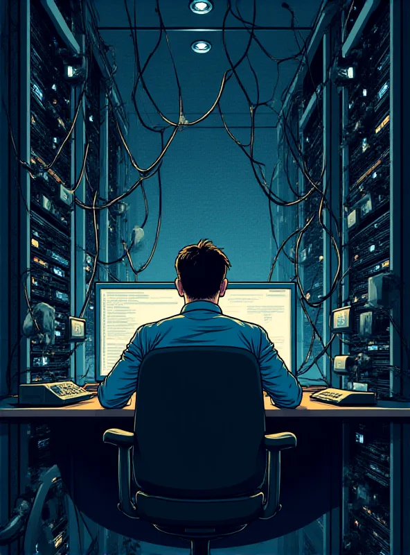 Illustration of a server room with overflowing data cables and a stressed IT professional.