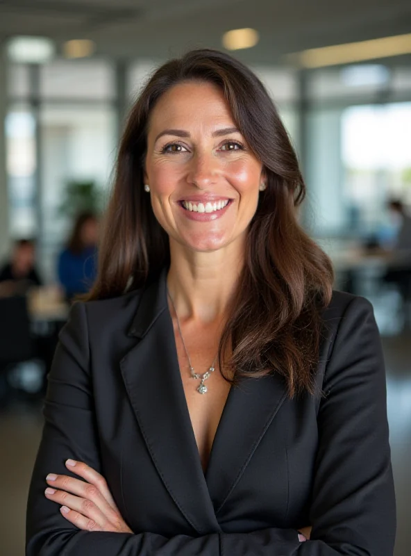 Anna Patterson, smiling and looking towards the camera, in a modern office setting.