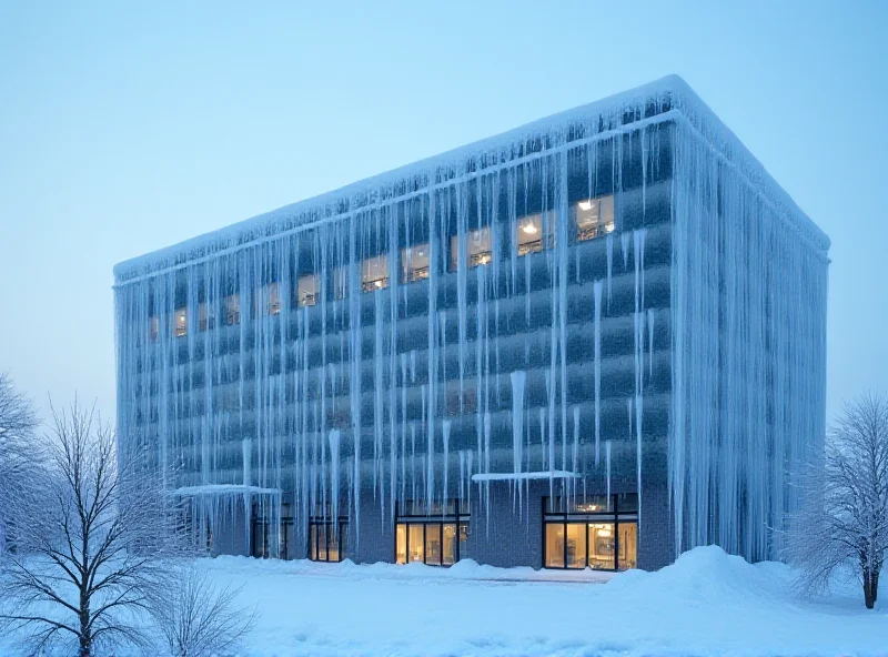 A modern office building with a visible 'ice battery' system on the roof, showing the vats of water being frozen at night and used for cooling during the day.