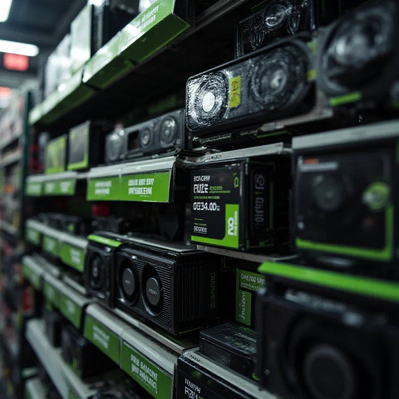 Close-up shot of a shelf filled with various Nvidia RTX 50 series graphics cards, highlighting the price tags and the limited availability of MSRP models.