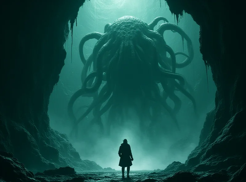Concept art of a character facing a monstrous creature in a dark, otherworldly environment from the game Cthulhu: The Cosmic Abyss.
