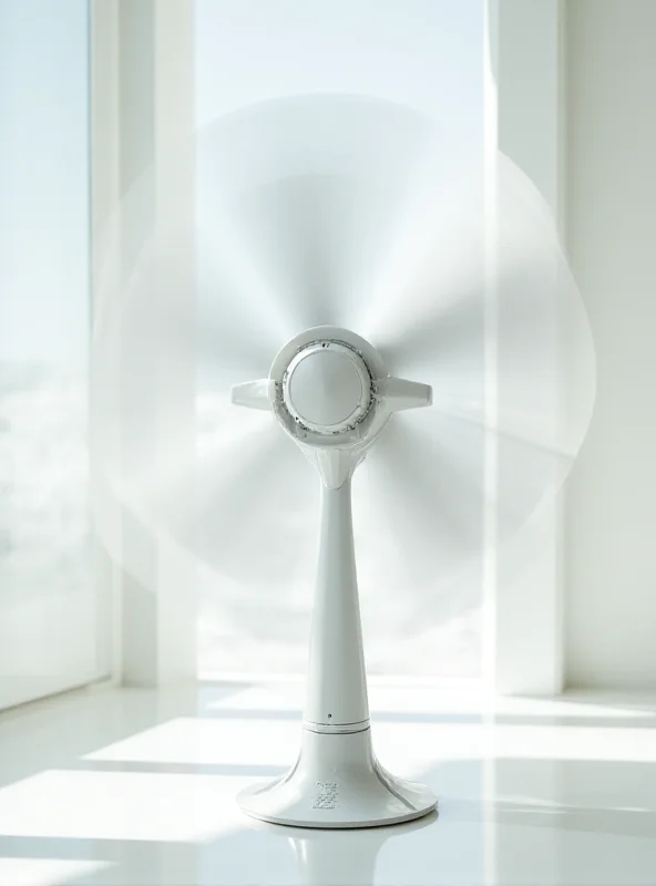 A futuristic-looking fan with multiple adjustable blades and a sleek, modern design, set against a bright, sunny background.