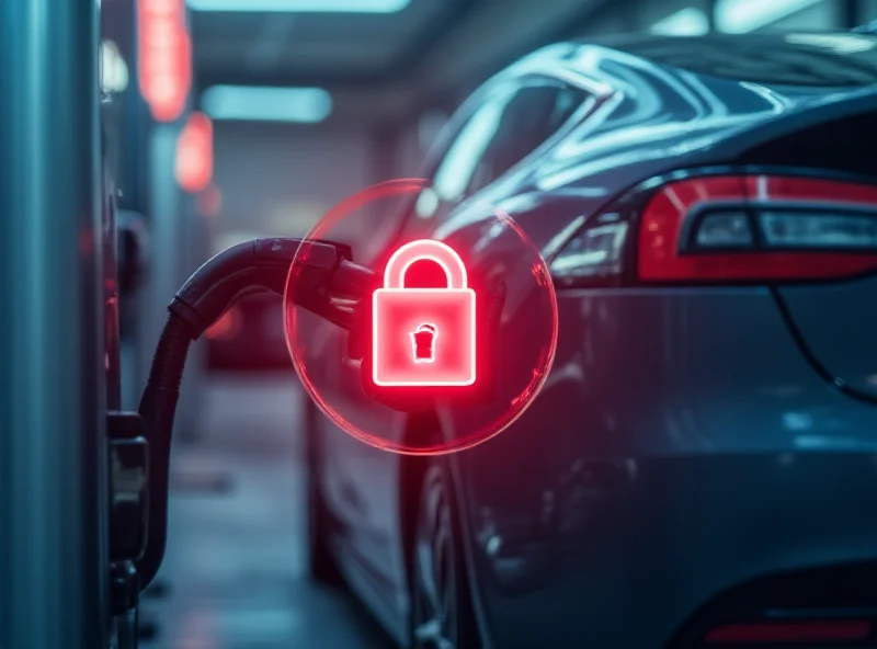 Cybersecurity lock icon overlayed on an electric car charging station.