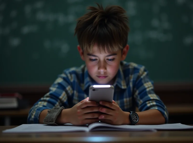 A young student looking distracted while using a smartphone at a school desk.