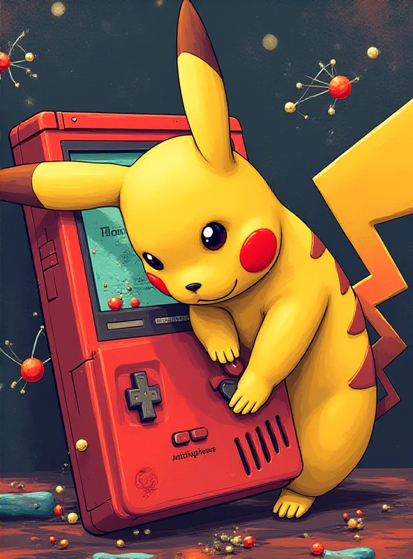 A stylized image of Pikachu playing Pokemon Red on a classic Game Boy, overlaid with a network diagram representing the reinforcement learning algorithm.