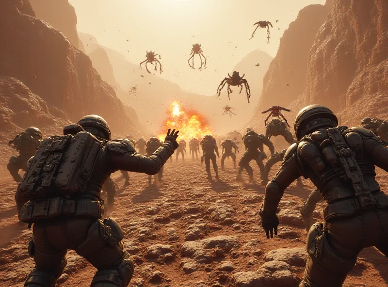A chaotic scene from the Helldivers 2 game, with players fighting alien creatures amidst explosions and futuristic landscapes.