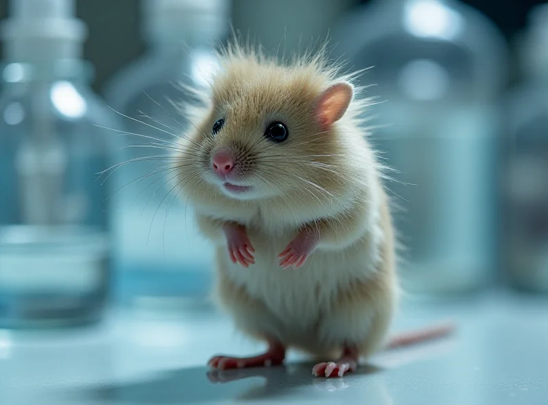 Close-up photo of a small mouse with thick, woolly fur, possibly in a laboratory setting.