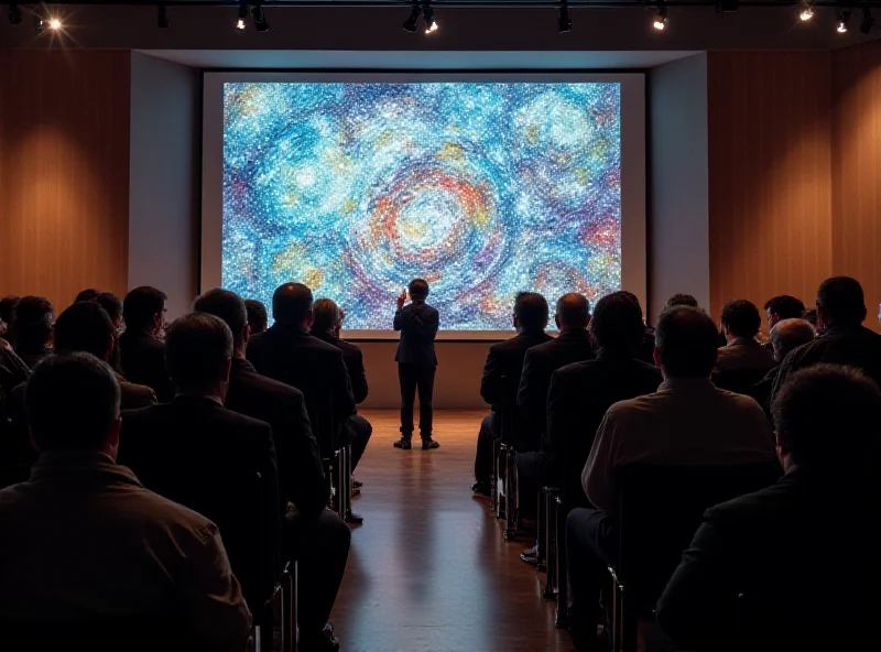 A brightly lit auction room with people bidding on a piece of AI-generated art displayed on a screen.