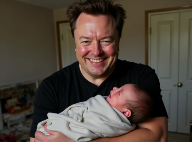 Elon Musk smiling with a baby in his arms.