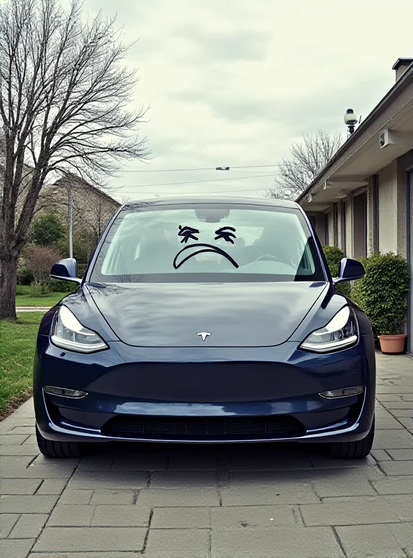 Illustration of a Tesla car with a sad face.