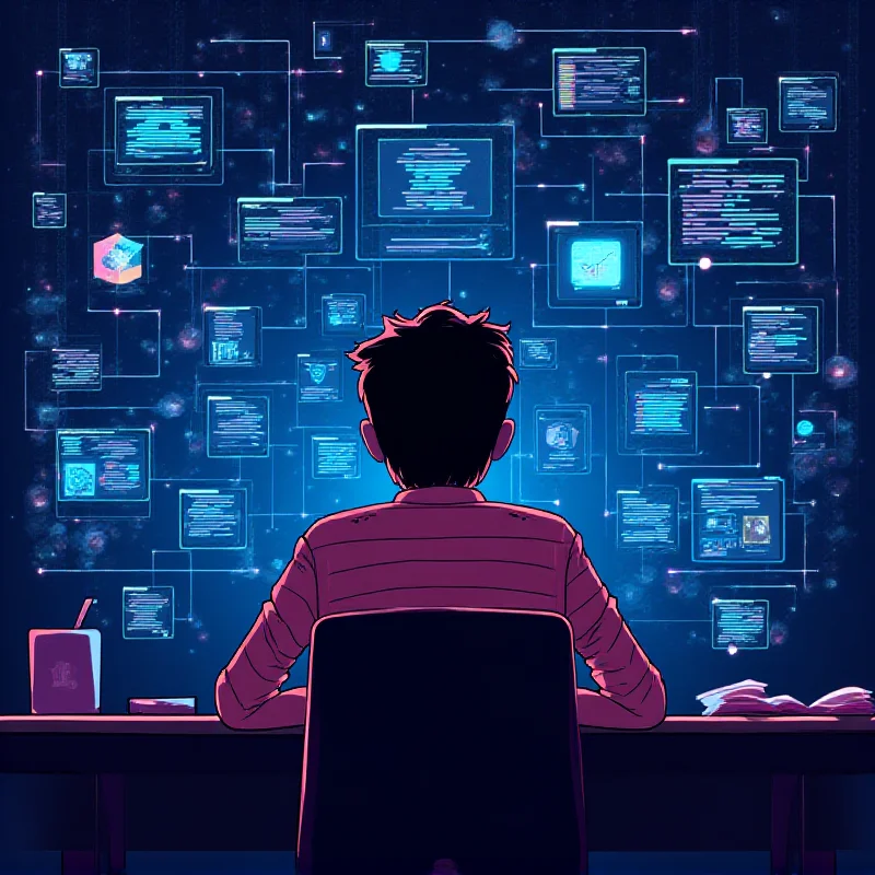 Illustration of a student overwhelmed by AI tools while trying to write an essay.