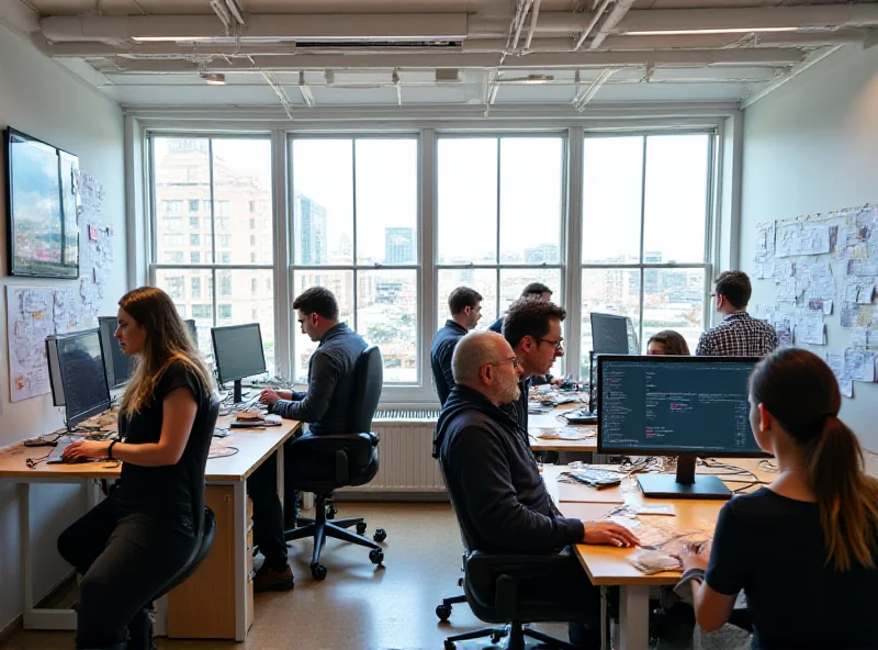 A modern office space in Liverpool with diverse tech workers collaborating on projects.