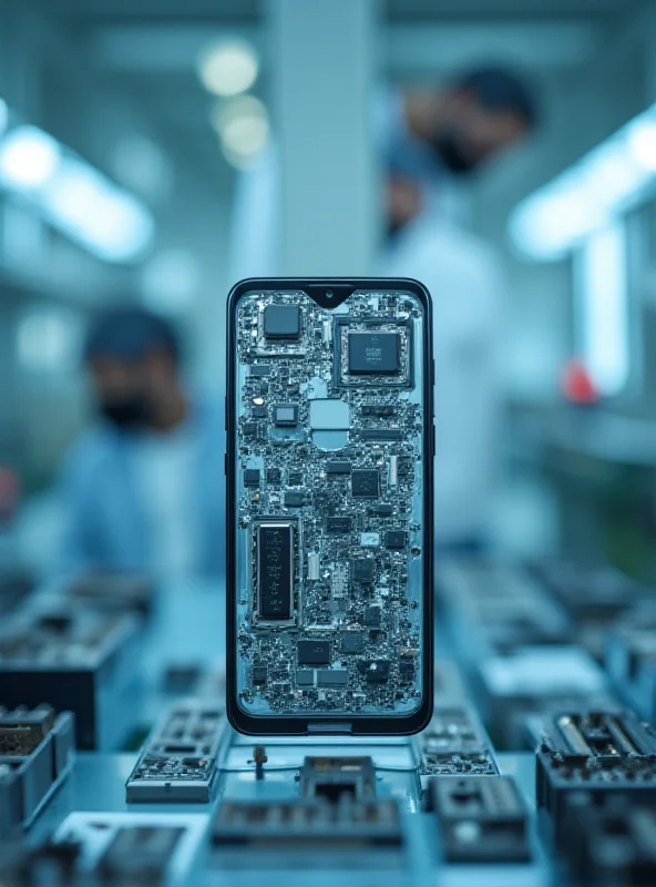 A sleek, minimalist smartphone with a transparent back, showcasing internal components, being assembled in a modern Indian factory.
