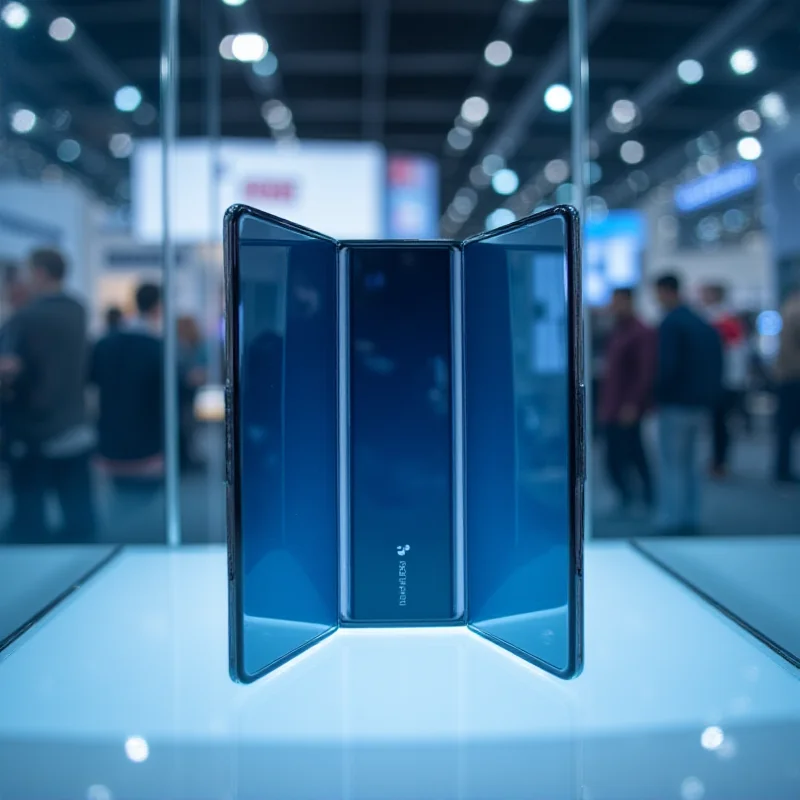 Close-up of a Tecno Phantom Ultimate 2 tri-fold smartphone in a glass enclosure.
