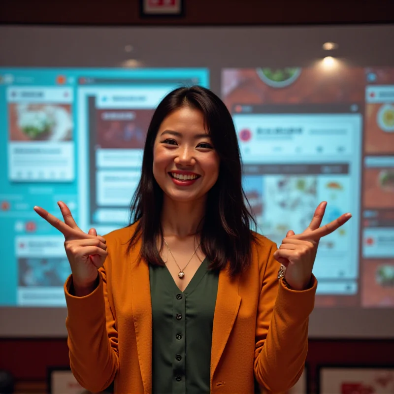 Candise Lin smiling and pointing to a screen showing Chinese social media