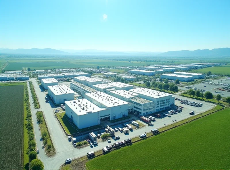 Aerial view of a large HP manufacturing plant with shipping containers and trucks, symbolizing the relocation of production from China.